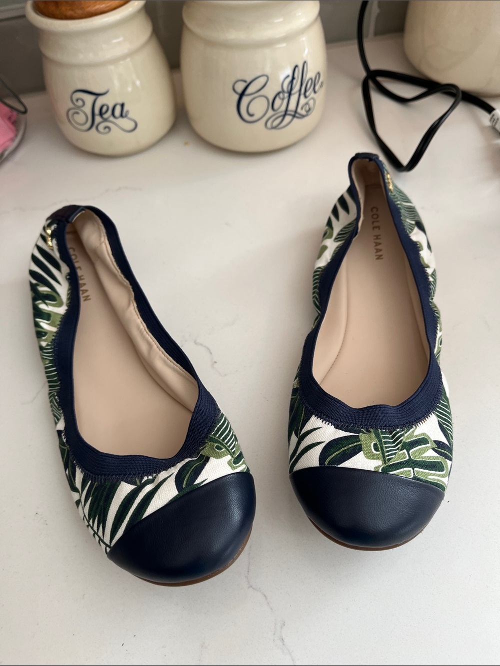 Cole Haan Navy and Green Leaf-Print Ballet Flats